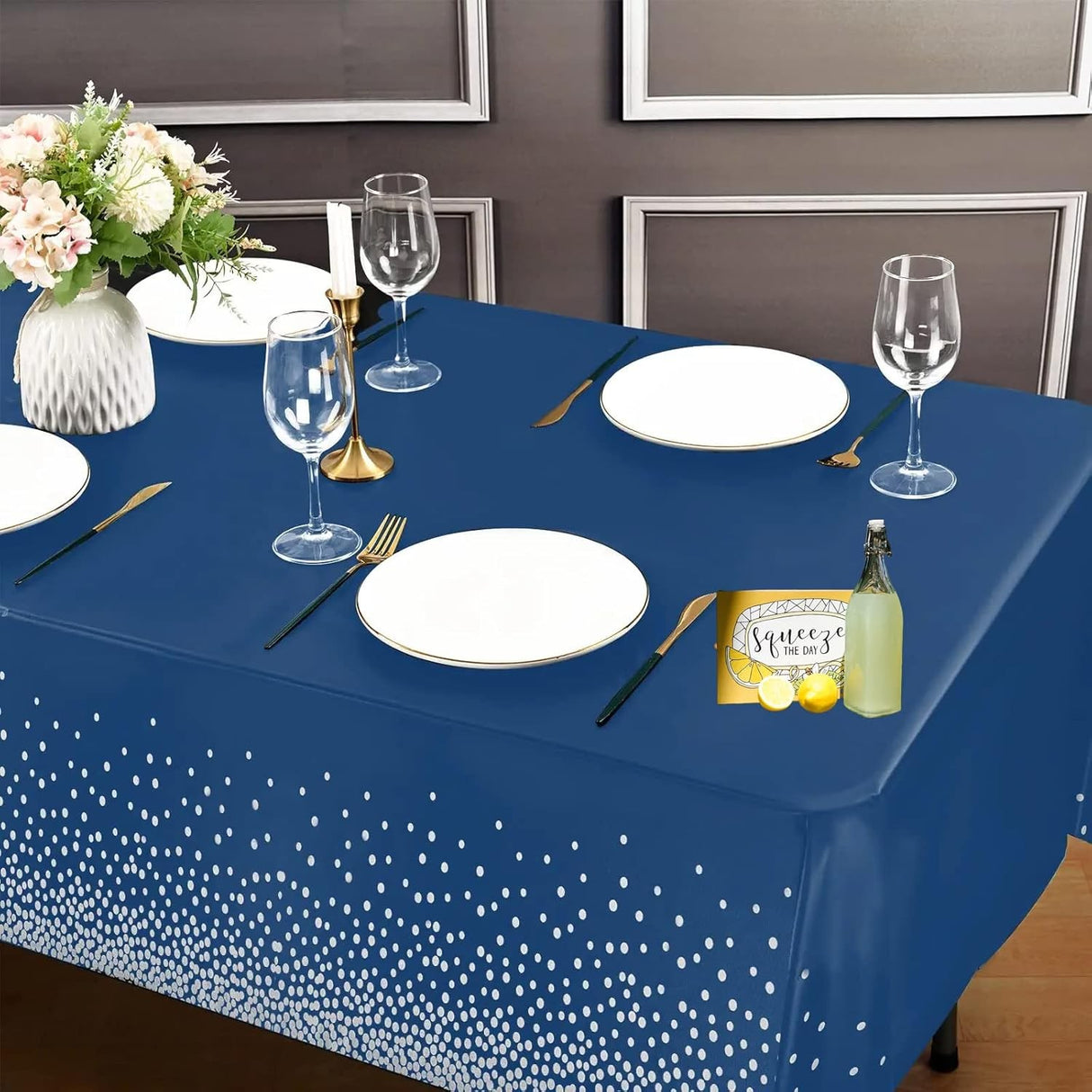 Fata de Masa, Vivimall, din PEVA, Imprimeu Buline Argintii, 137 x 274 cm, Impermeabila, Fara Pete, Curatare Rapida, Albastru Inchis - vivimall.ro
