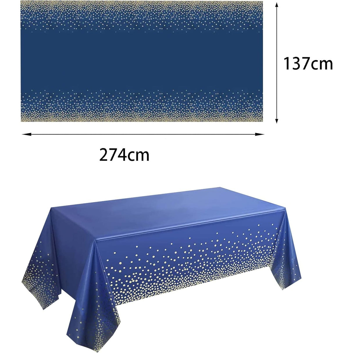 Fata de Masa, Vivimall, din PEVA, Imprimeu Buline Aurii, 137 x 274 cm, Impermeabila, Fara Pete, Curatare Rapida, Albastru Inchis - vivimall.ro