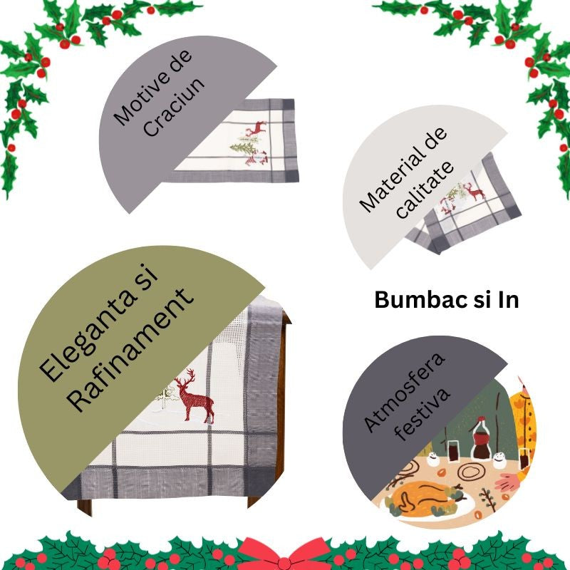 NU ARE - Fata de Masa Vivimall, Material In Brodat, cu Motiv mos Craciun si Reni, 85 x 85 cm, Gri - vivimall.ro