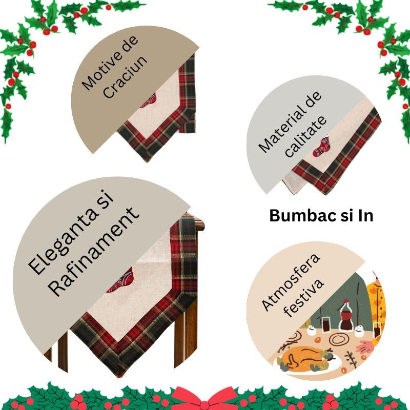 Fata de Masa Vivimall, Material In Brodat, cu Motive de Craciun Ghetute, 180 x 40 cm, Crem - vivimall.ro