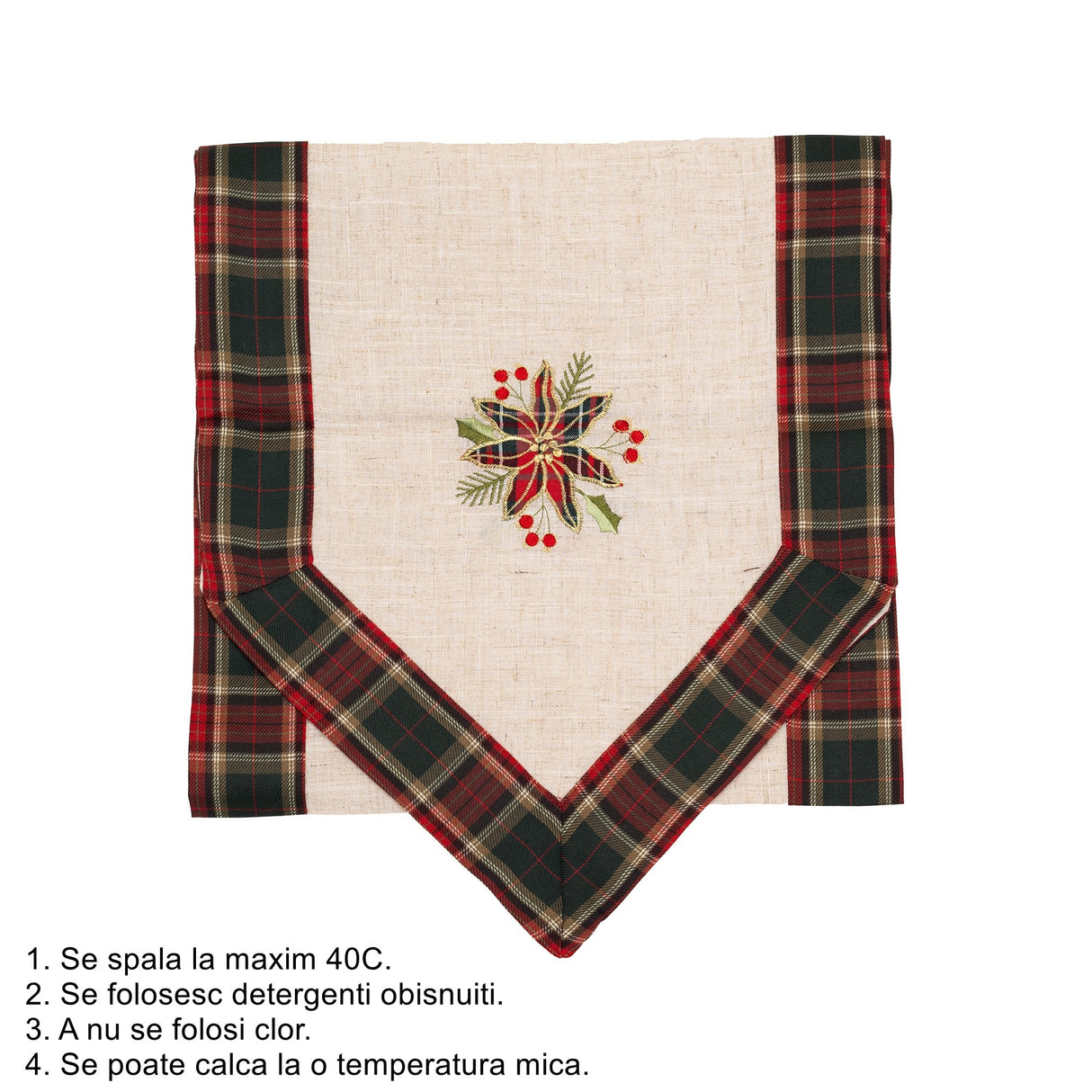 Fata de Masa Vivimall, Material In Brodat, cu Motive Florale de Craciun, 180 x 40 cm, Crem - vivimall.ro