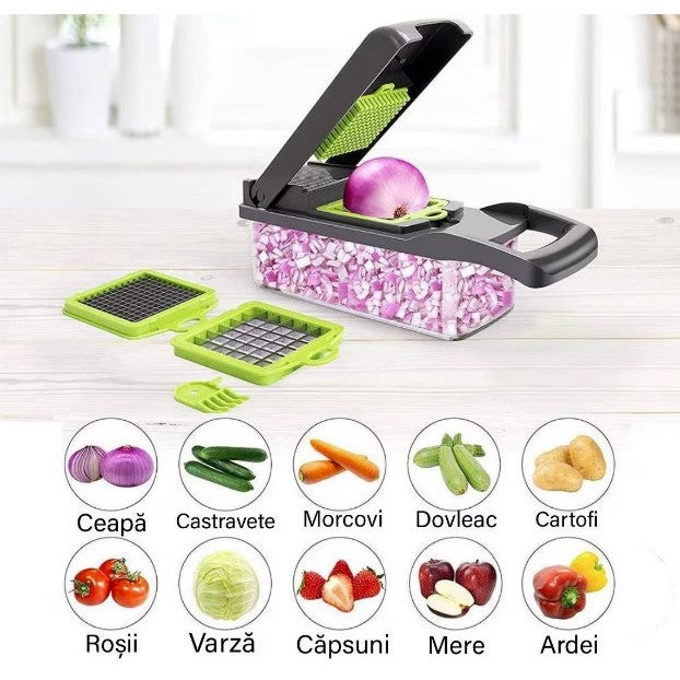 Feliator Multifunctional, Vivimall, Razatoare, 8 in 1, pentru Fructe si Legume, 10 Piese, Lame de Inox, Recipient Stocare, Separator Oua, Protectie Mana, ABS, 32.2x11.3 cm, Verde/Gri - vivimall.ro