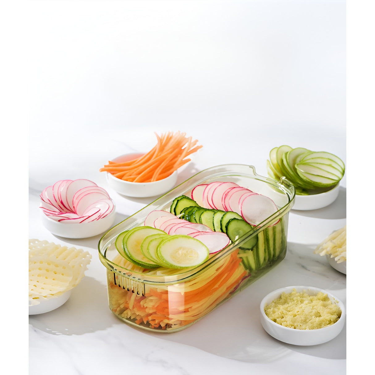 Feliator Multifunctional, Vivimall, 3 in 1, pentru Fructe si Legume, 6 Piese, Maner, Lame de Inox, Recipient Stocare, Protectie Mana, ABS, 35x12x9.4 cm, Verde - vivimall.ro