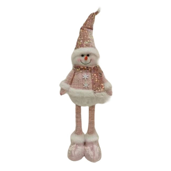 Figurina Decorativa, Pentru Craciun, Vivimall, Om de Zapada, Picioare Telescopice, Inaltime Reglabila 44-54cm, Caciula cu Paiete, Roz - vivimall.ro