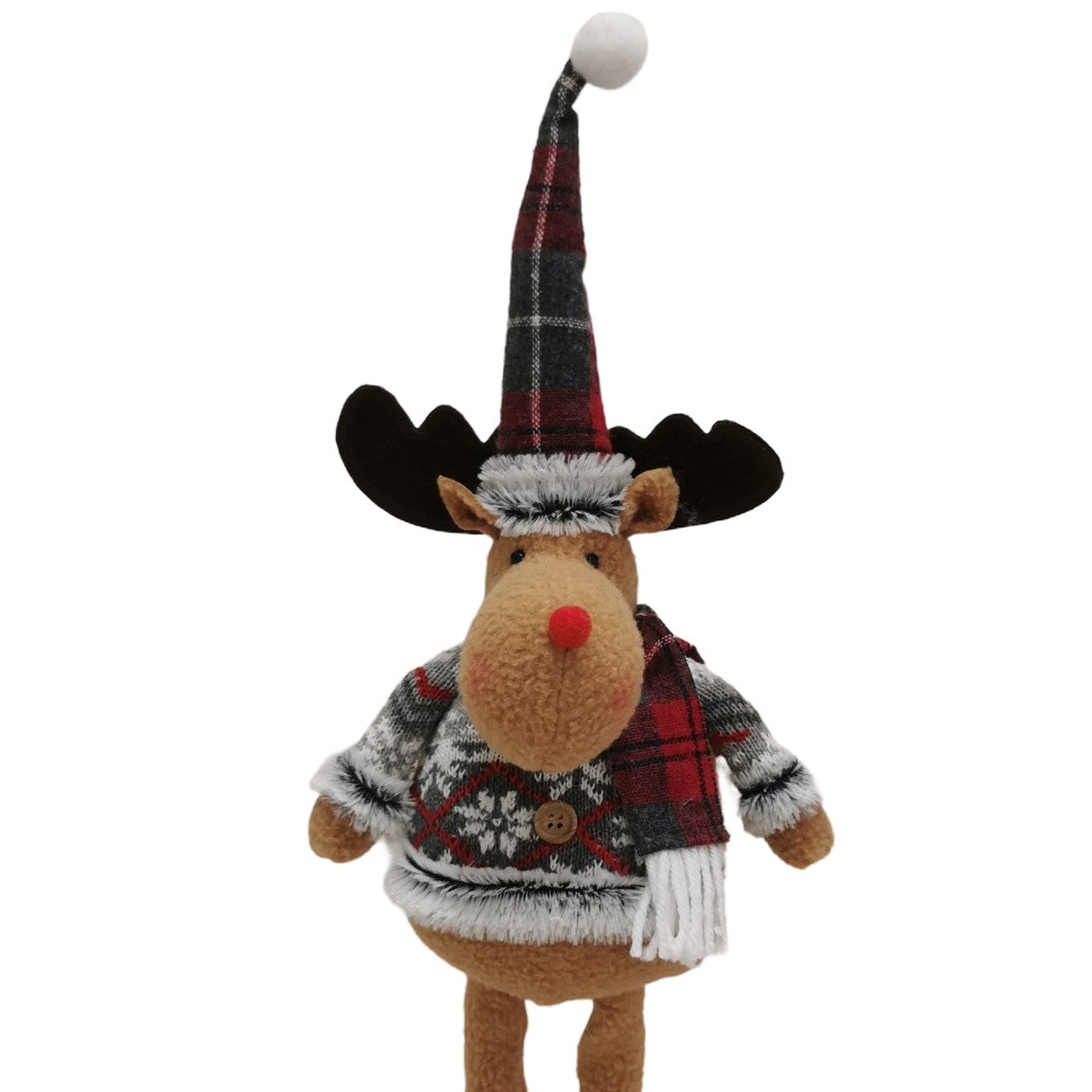 Figurina Decorativa, Pentru Craciun, Vivimall, Ren, Picioare Telescopice, Inaltime Reglabila 44-54cm, Bluza cu Fulgi, Rosu/Gri - vivimall.ro