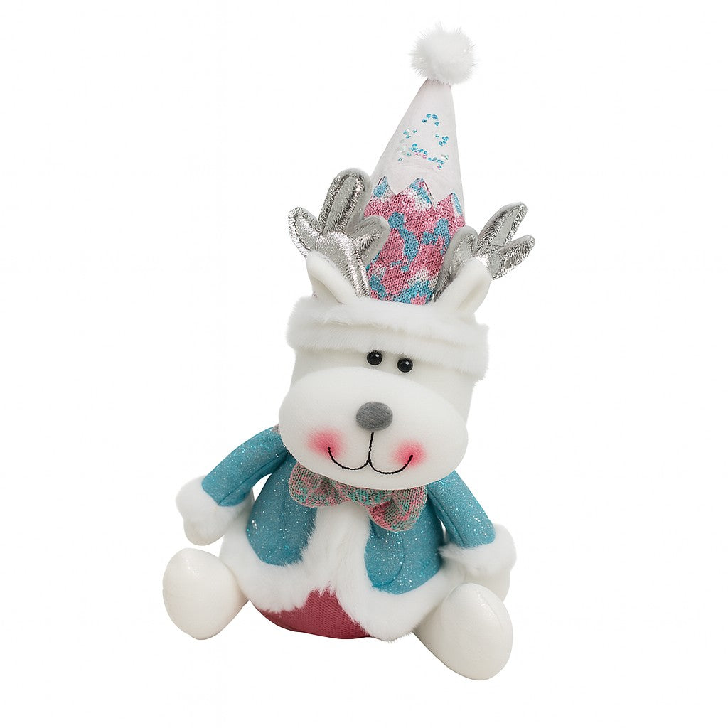 Figurină decorativă ren de Crăciun cu pălărie, costum albastru-roz-alb, 34x20x12 cm, vedere frontală