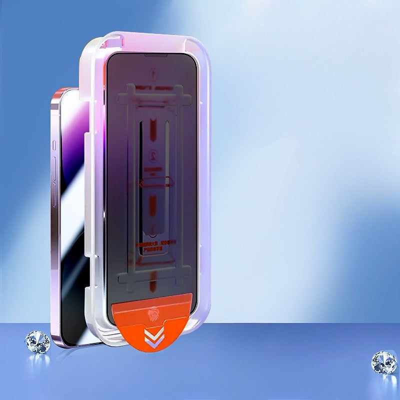 Detaliu folie privacy iPhone 15 Plus cu protecție difuzor și kit Easy Tool inclus pentru instalare rapidă