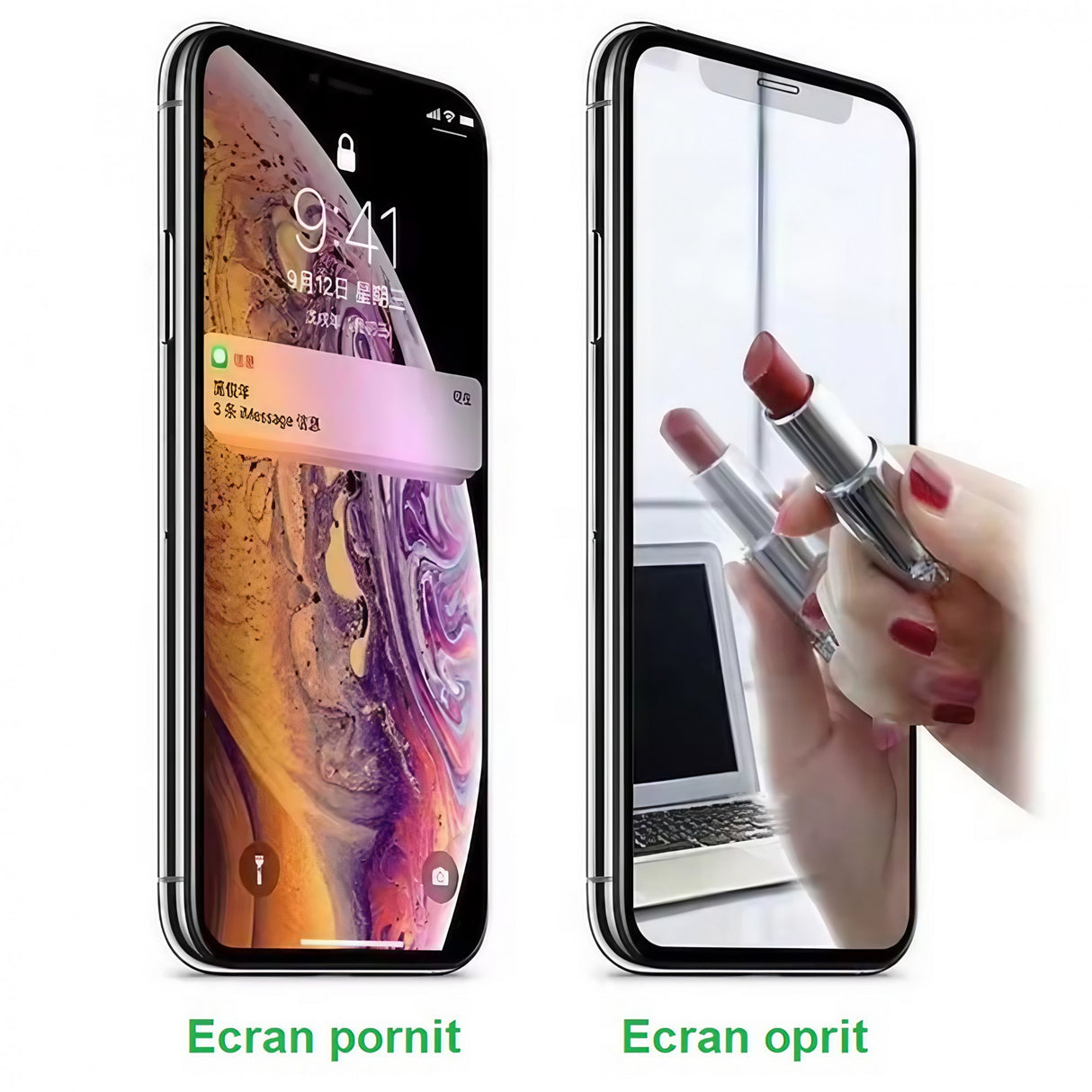 Aplicare folie sticlă Mirror 8D pe iPhone 15, unghi lateral cu efect oglindă albastru vizibil