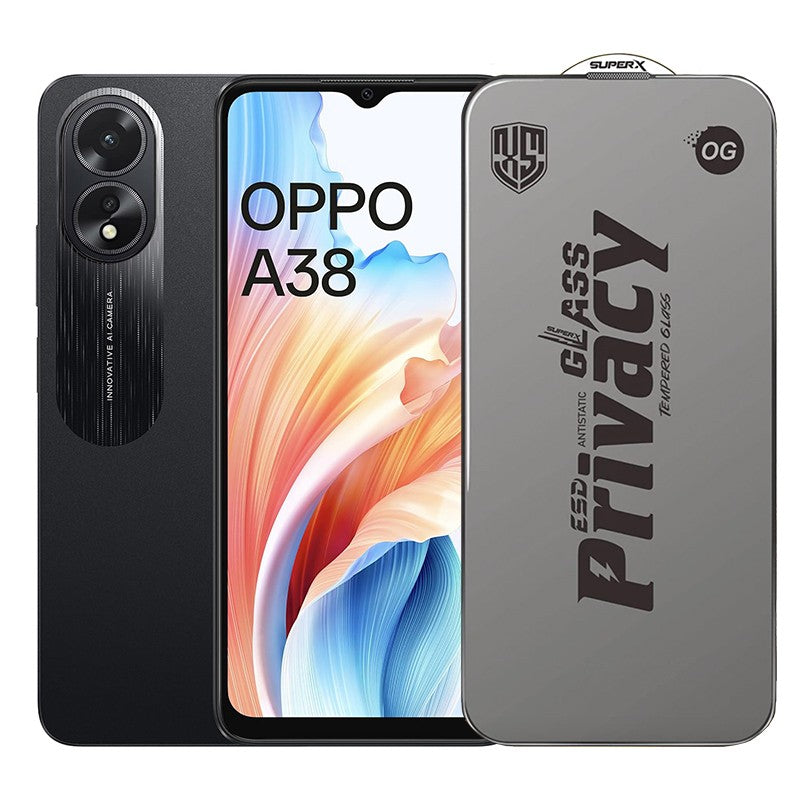 Folie sticlă securizată ESD Flippy Super-X Privacy pentru Oppo A38, vedere frontală, margini negre