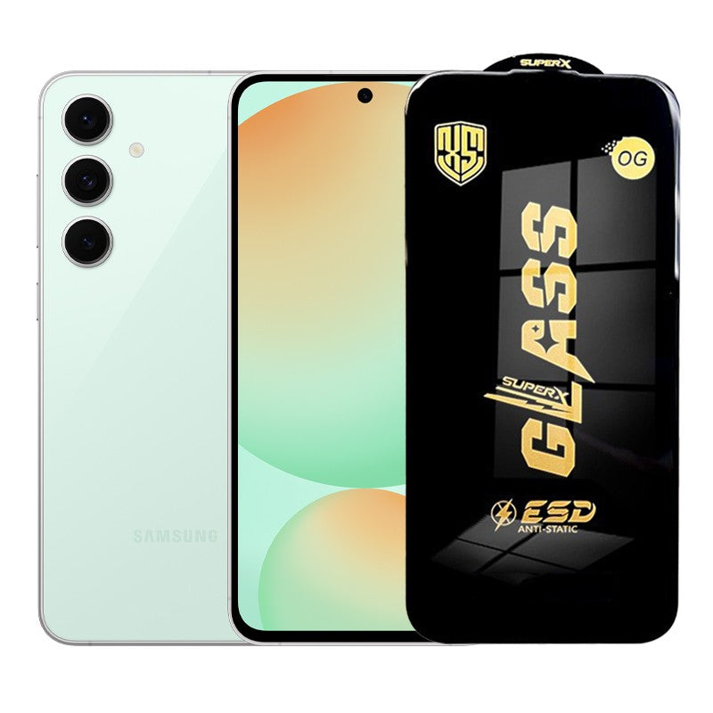 Folie sticlă securizată ESD pentru Samsung Galaxy S24 FE, grosime 0.35 mm, margini negre, vedere frontală