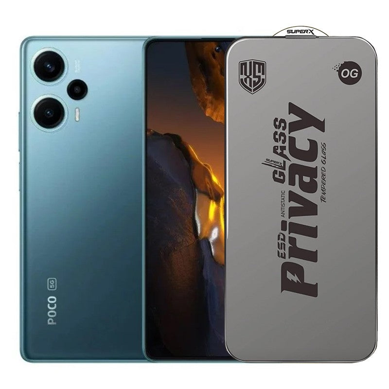 Folie sticlă securizată ESD antistatică Xiaomi Poco F5, Super-X Privacy OG, 0.30 mm, margini negre – vedere frontală