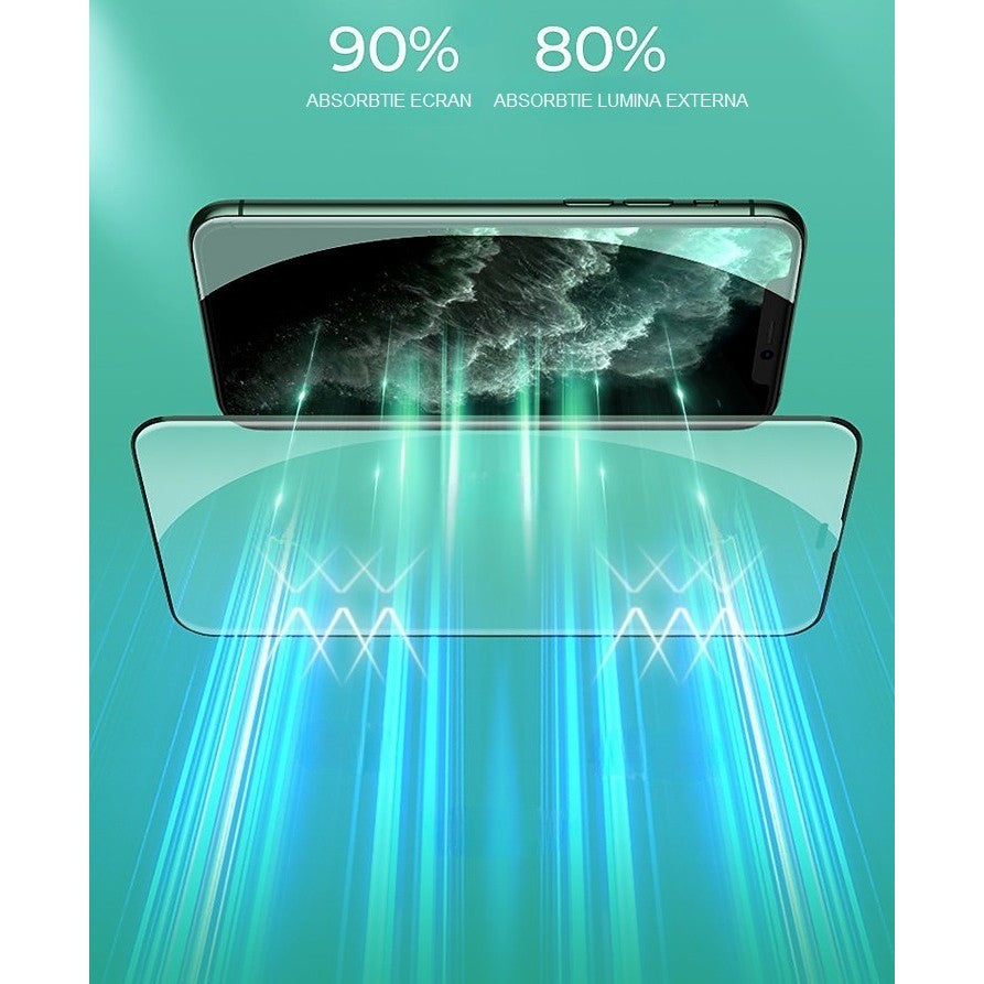 Folie de Sticla Securizata pentru Apple iPhone 15 Plus, Vivimall, Lumina Verde Anti-Blue Ray, Auto-Aplicare, Protectie Completa 9D, Verde - vivimall.ro