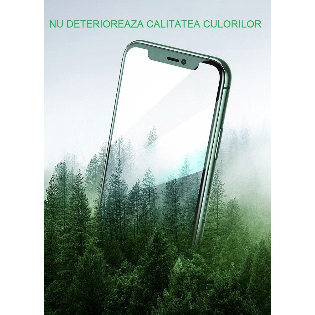 Folie de Sticla Securizata pentru Apple iPhone 15 Plus, Vivimall, Lumina Verde Anti-Blue Ray, Auto-Aplicare, Protectie Completa 9D, Verde - vivimall.ro