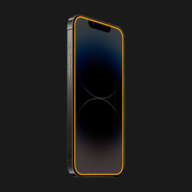 Detaliu margine fosforescentă neon portocaliu din silicon pentru folie iPhone 15 Pro Luminous