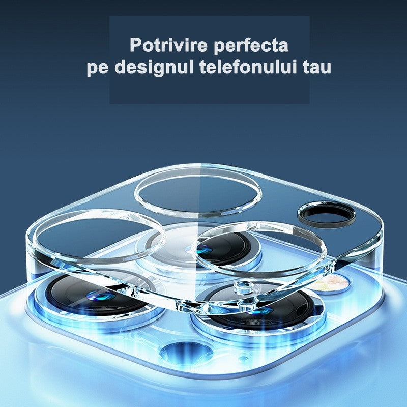 Protecție cameră iPhone 15 Pro Max sticlă temperată transparentă, detaliu modul foto acoperit