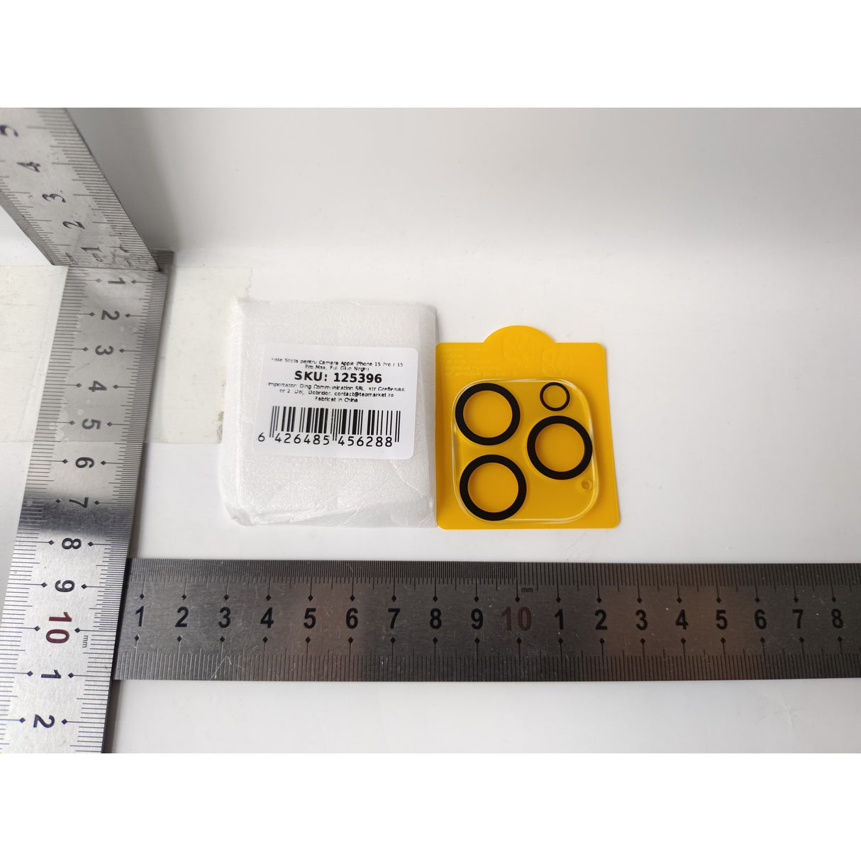 Set folie sticlă cameră iPhone 15 Pro și 15 Pro Max Full Glue negru, conținut pachet complet