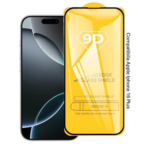Folie protecție iPhone 16 Plus aplicată pe ecran, acoperire completă Full Cover, claritate HD