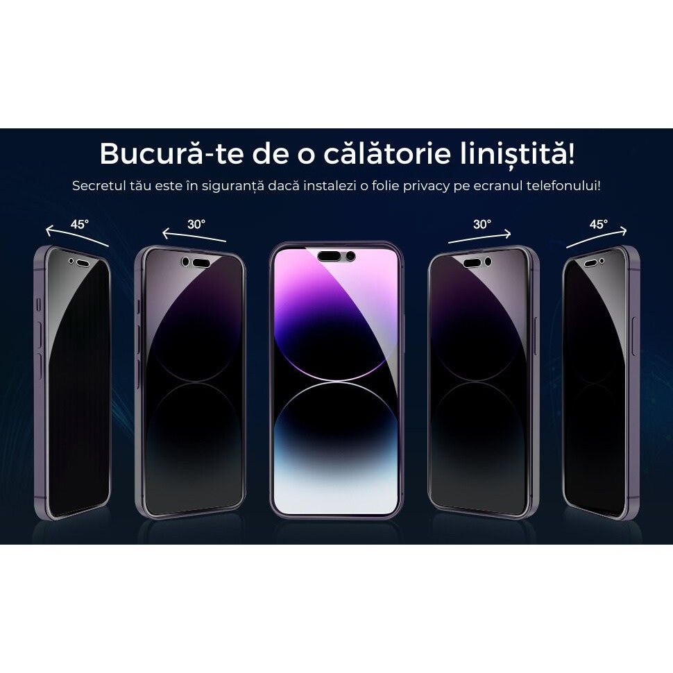 Folie Sticla Securizata, Vivimall, Pentru Apple iPhone 16 Pro Max, Privacy Classic, 2.5D, Confidentialitate 30°, Negru Transparent - vivimall.ro
