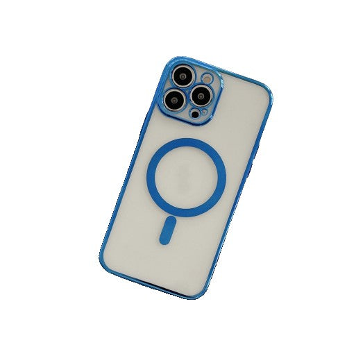 Husa MagSafe pentru Apple iPhone 14 Pro Max, Protectie camera, Full TPU, Margini colorate Electroplating, Magnetica, Incarcare Wireless, Flippy, Albastru - vivimall.ro