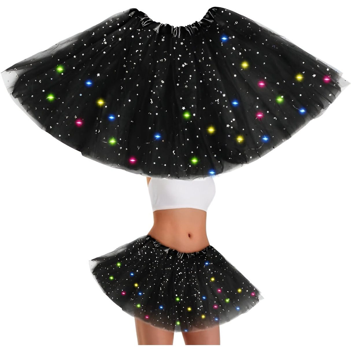 Fusta LED pentru Copii, Vivimall, Tutu de Balet pentru Fetite cu Luminite Multicolore Incorporate, Model Stelute, 30 cm Lungime, Negru - vivimall.ro