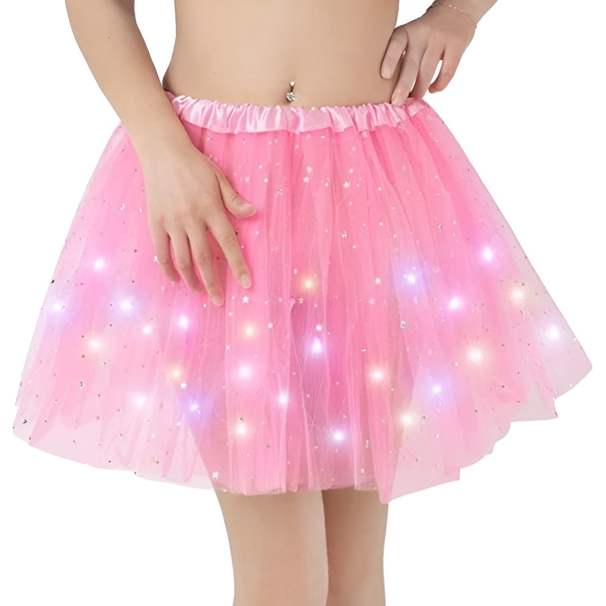 Fusta LED pentru Copii, Vivimall, Tutu de Balet pentru Fetite cu Luminite Multicolore Incorporate, Model Stelute, 30 cm Lungime, Roz - vivimall.ro