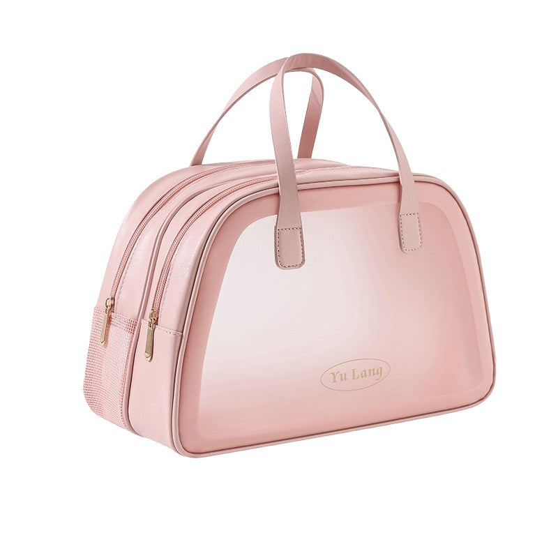 Geantă cosmetice voiaj roz Vivimall, vedere frontală, dublă compartimentare, 35x22x15 cm, material PVC translucid mat
