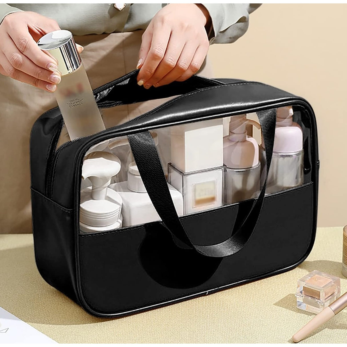 Geanta cosmetice Flippy, pentru voiaj sau organizare, material PVC/textil, impermeabila, portabila, 26 x 15 x 10 cm, negru - vivimall.ro