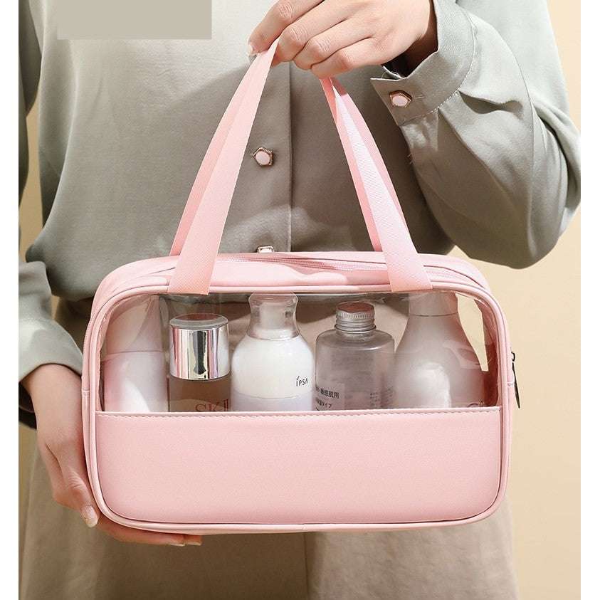 Geanta cosmetice Vivimall, pentru voiaj sau organizare, material PVC/textil, impermeabila, portabila, 30 x 21 x 12 cm, roz - vivimall.ro