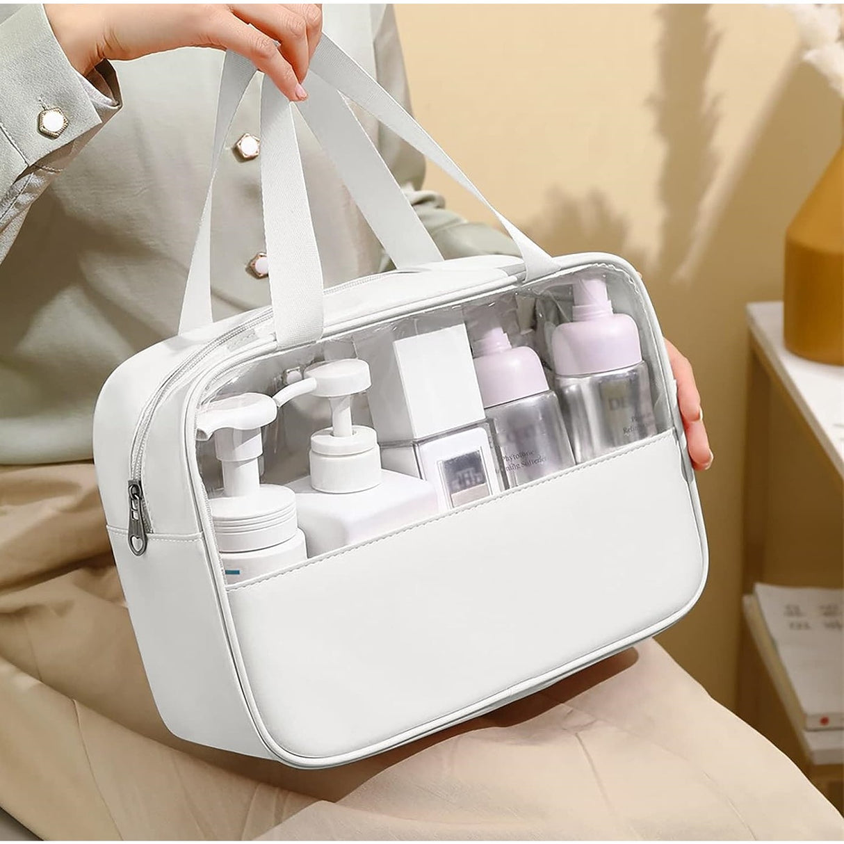 Geanta cosmetice Flippy, pentru voiaj sau organizare, material PVC/textil, impermeabila, portabila, 26 x 15 x 10 cm, alb - vivimall.ro