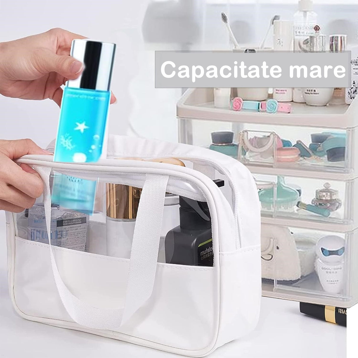 Geantă Cosmetice, Pentru Voiaj Sau Organizare, Material PVC Textil, Impermeabilă, Portabilă, 30 x 21 x 12 cm - vivimall.ro