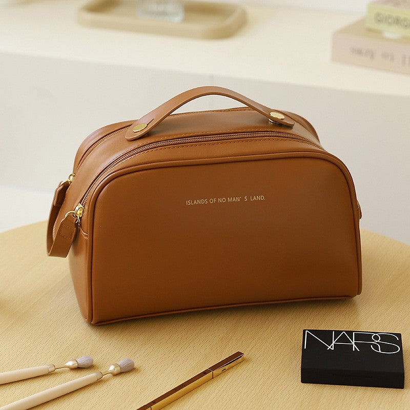 Geanta cosmetice pentru femei Vivimall, material poliuretan, 25 x 14.5 x 14.5 cm, Impermeabila, Maro - vivimall.ro