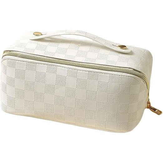 Geanta de Calatorie Vivimall, Pentru Cosmetice, Portabila, Impermeabila, din Piele Ecologica, Compartimente Multiple, cu Fermoar, 22 x 13 x 12.5 cm, In Carouri, Alb - vivimall.ro