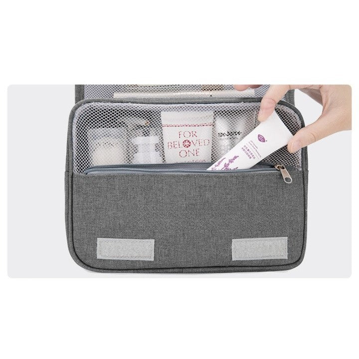 Geanta cosmetice voiaj, Vivimall, material panza, impermeabil, 3 compartimente, cu agatatoare, Gri, 47 x 28 x 20 cm - vivimall.ro