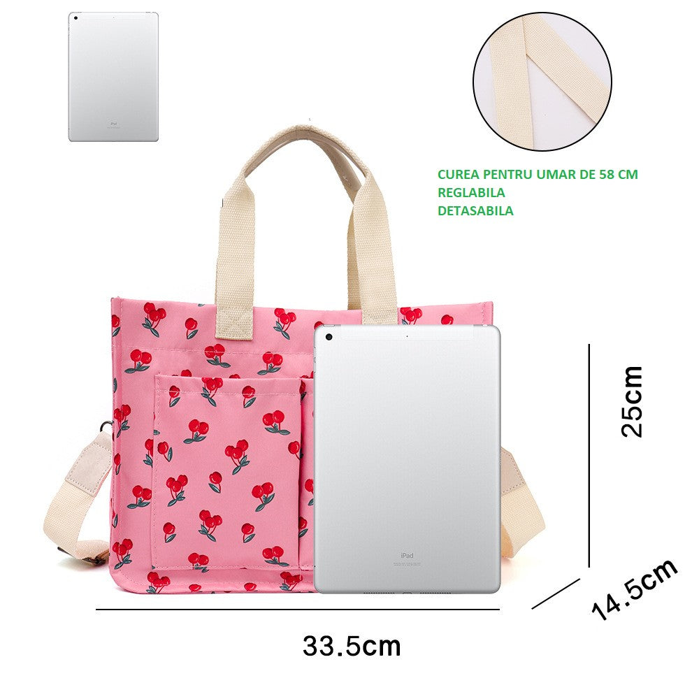 Geanta de Mana/Umar, Multifunctionala, Vivimall, Inchidere cu Capsa, Imprimeu Cirese, Material Textil, 33.5 x 25 x 14.5 cm, Roz - vivimall.ro