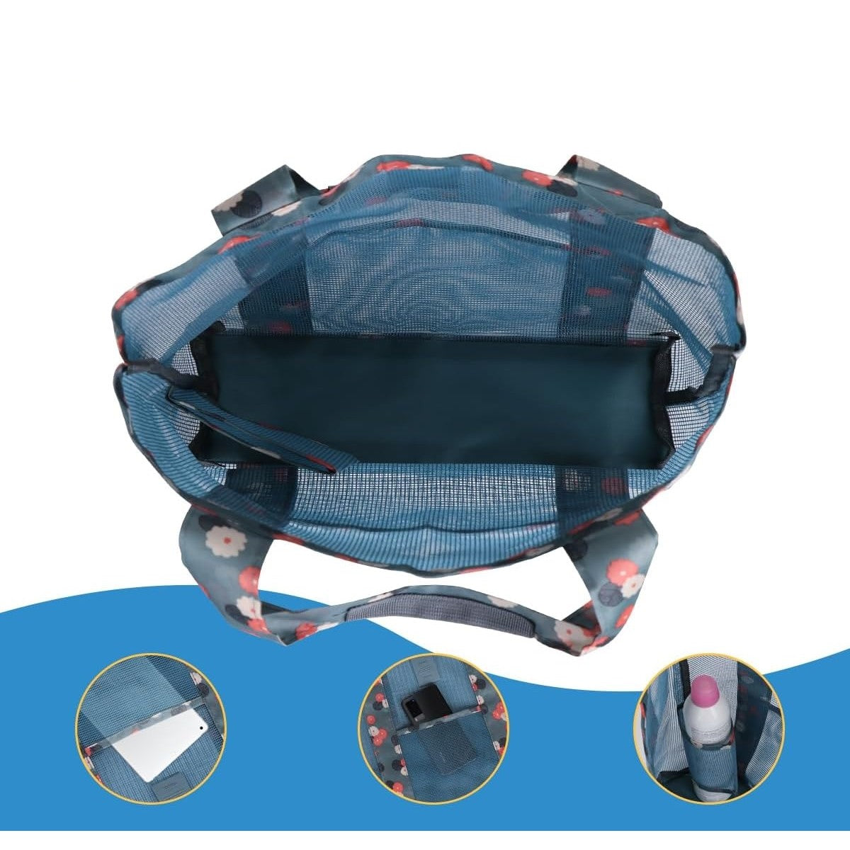 Geanta de Plaja, Vivimall, din Plasa Transparenta, Imprimeu Floral, 43 x 10 x 33 cm, Model pentru Umar, Lungime Inferioara 33 cm, Albastru - vivimall.ro