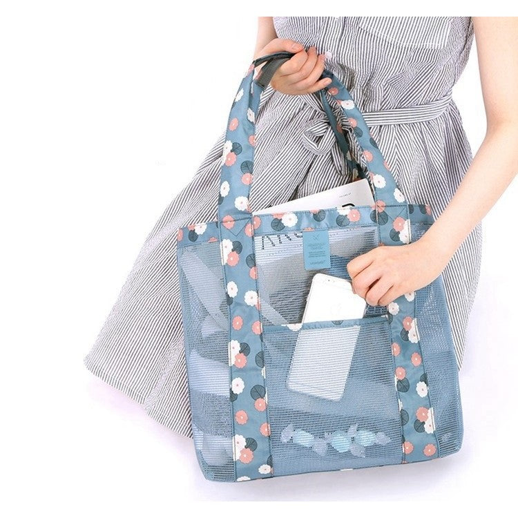 Geanta de Plaja, Vivimall, din Plasa Transparenta, Imprimeu Floral, 43 x 10 x 33 cm, Model pentru Umar, Lungime Inferioara 33 cm, Albastru - vivimall.ro