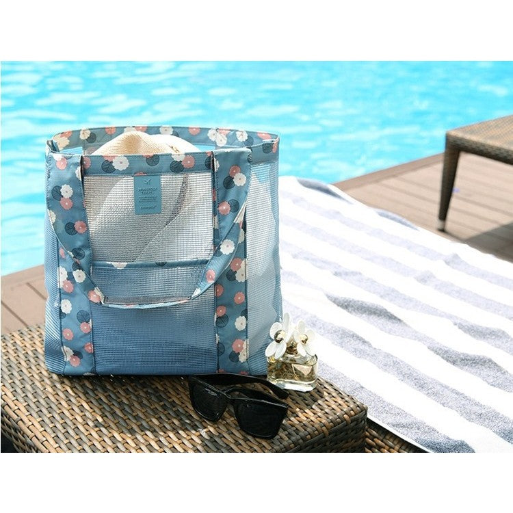 Geanta de Plaja, Vivimall, din Plasa Transparenta, Imprimeu Floral, 43 x 10 x 33 cm, Model pentru Umar, Lungime Inferioara 33 cm, Albastru - vivimall.ro