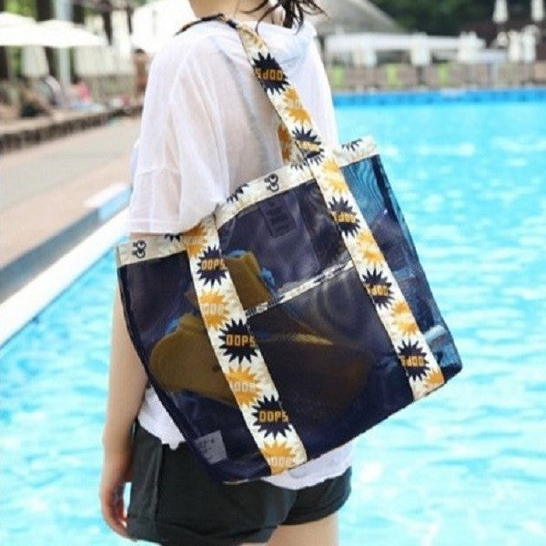 Geanta de Plaja, Vivimall, din Plasa Transparenta, Imprimeu Oops, 43 x 10 x 33 cm, Model pentru Umar, Lungime Inferioara 33 cm, Negru - vivimall.ro