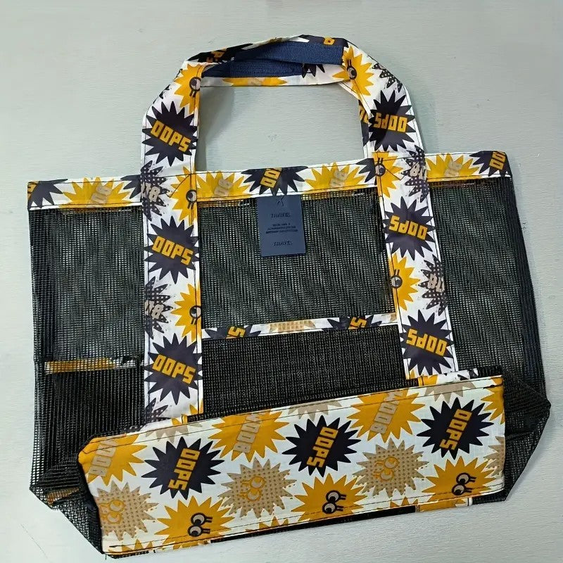 Geanta de Plaja, Vivimall, din Plasa Transparenta, Imprimeu Oops, 43 x 10 x 33 cm, Model pentru Umar, Lungime Inferioara 33 cm, Negru - vivimall.ro