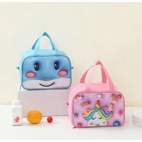 Geantă Frigorifică, Vivimall, cu Desene Animat 3D, Portabilă pentru Copii, de Prânz, din Pânză Oxford, 27.5x18x20 cm, Model Balena, Albastru - vivimall.ro