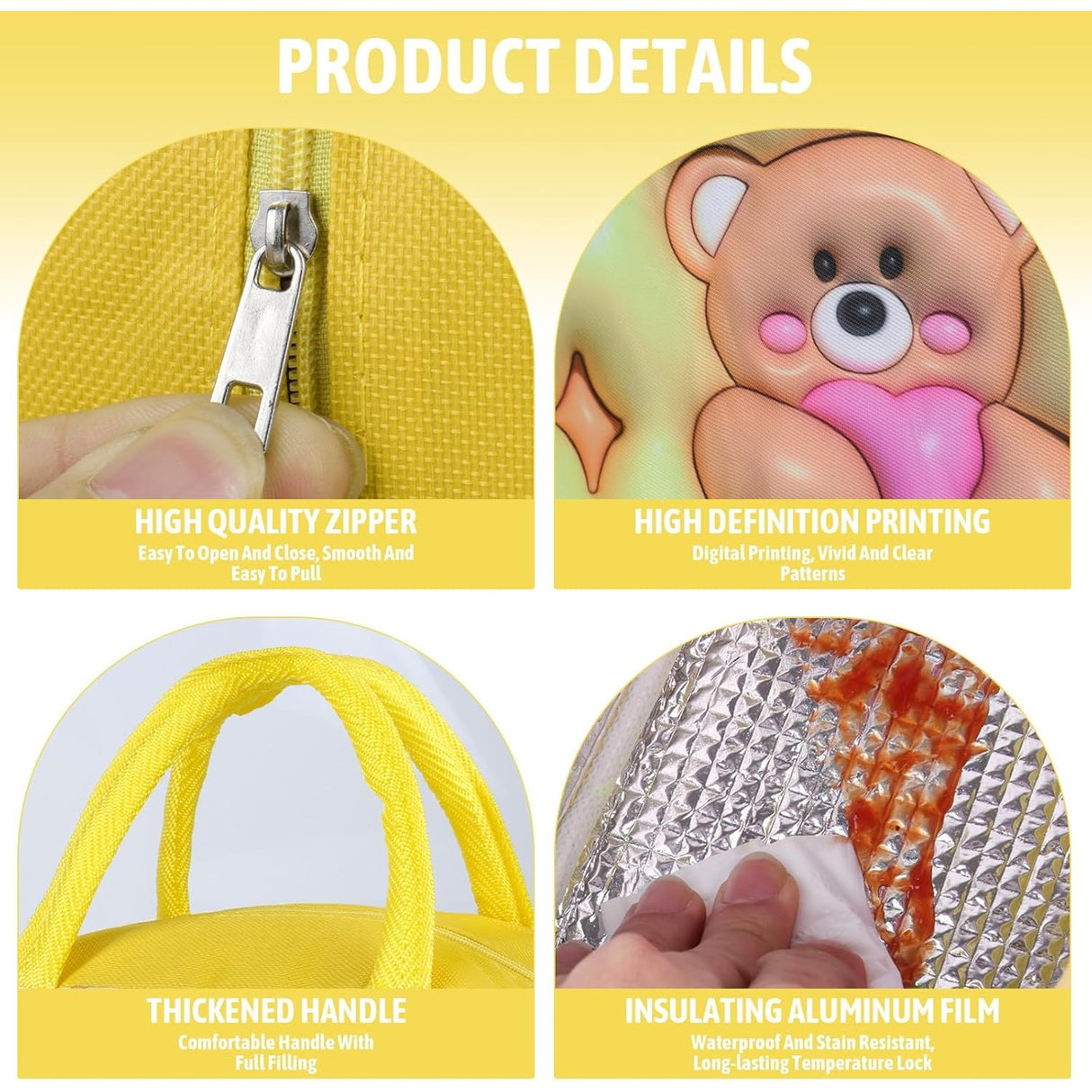 Geanta Frigorifica, Cu Desene Animate 3D, Portabila Pentru Copii, De Pranz, Din Panza Oxford, 23X13X19 Cm, Model Ursulet, Galben - vivimall.ro