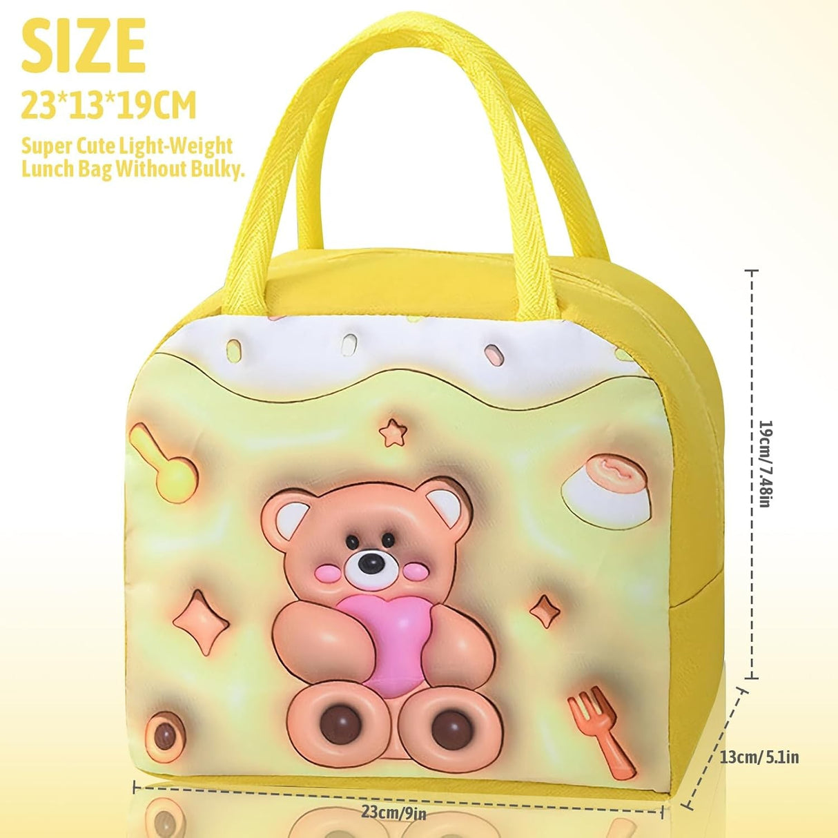 Geanta Frigorifica, Cu Desene Animate 3D, Portabila Pentru Copii, De Pranz, Din Panza Oxford, 23X13X19 Cm, Model Ursulet, Galben - vivimall.ro