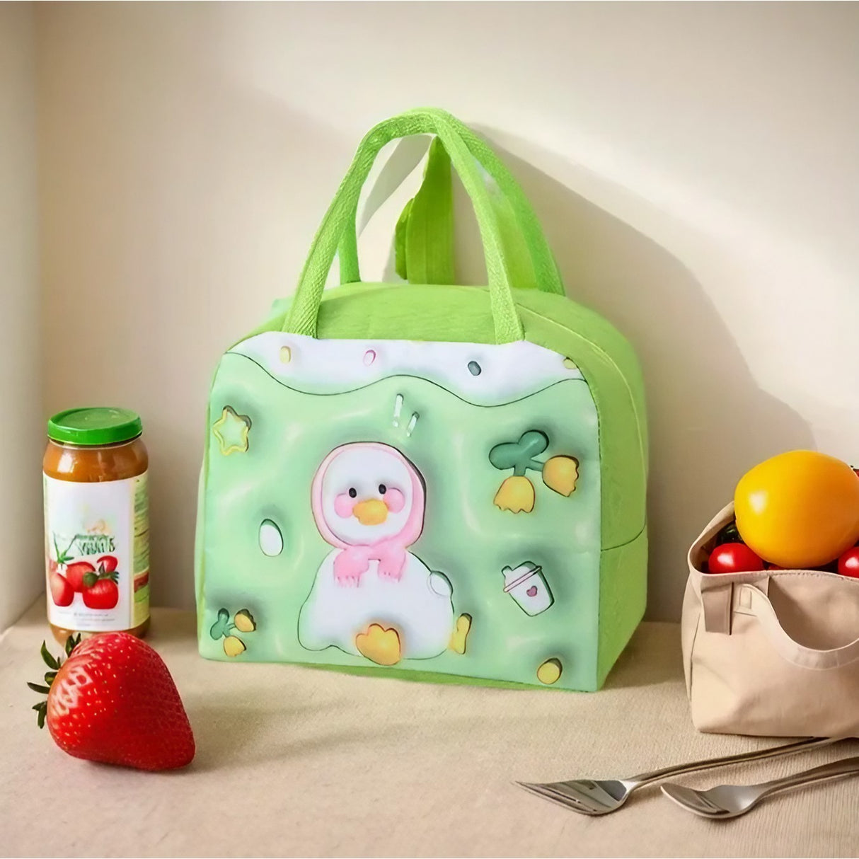 Geanta Frigorifica, Cu Desene Animate 3D, Portabila Pentru Copii, De Pranz, Din Panza Oxford, 23X13X19 Cm, Model Ratusca, Verde - vivimall.ro