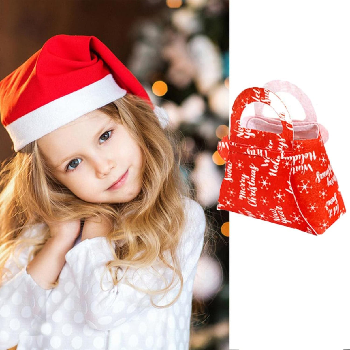 Geanta pentru Copii, Vivimall, Pliabila, pentru Cadouri de Craciun, din Panza Netesuta, Merry Christmas, 13 x 12 x 6 cm, Rosu - vivimall.ro