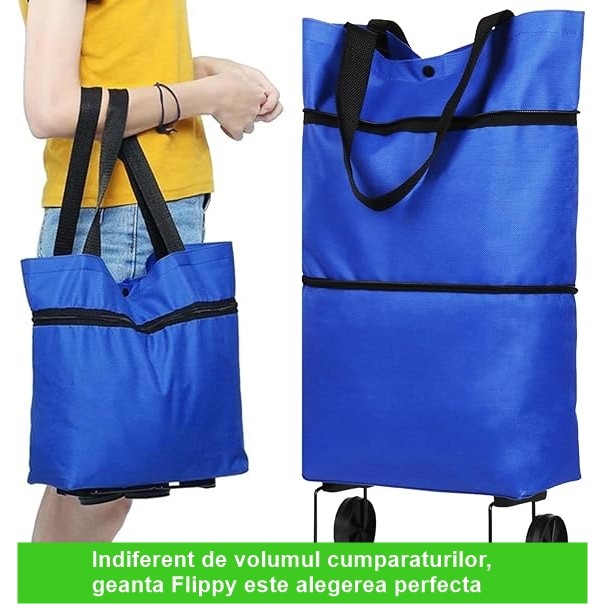 Geanta Pliabila, Vivimall, 2 in 1, Carucior cu Roti, pentru Cumparaturi, 19 l, Albastru, Plastic, 39 x 46 x 12 cm - vivimall.ro