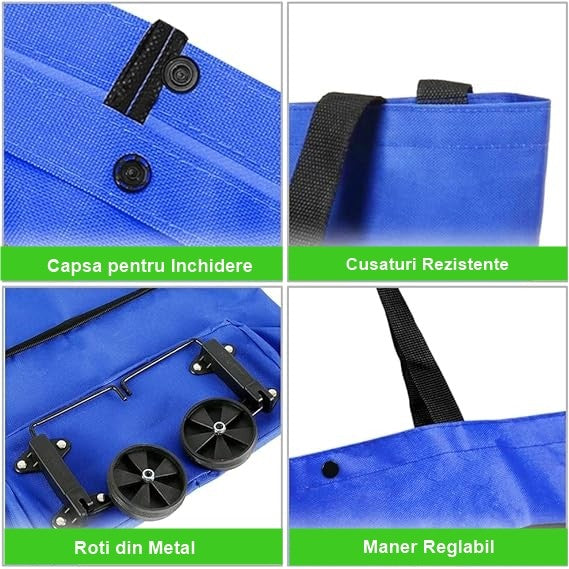 Geanta Pliabila, Vivimall, 2 in 1, Carucior cu Roti, pentru Cumparaturi, 19 l, Albastru, Plastic, 39 x 46 x 12 cm - vivimall.ro