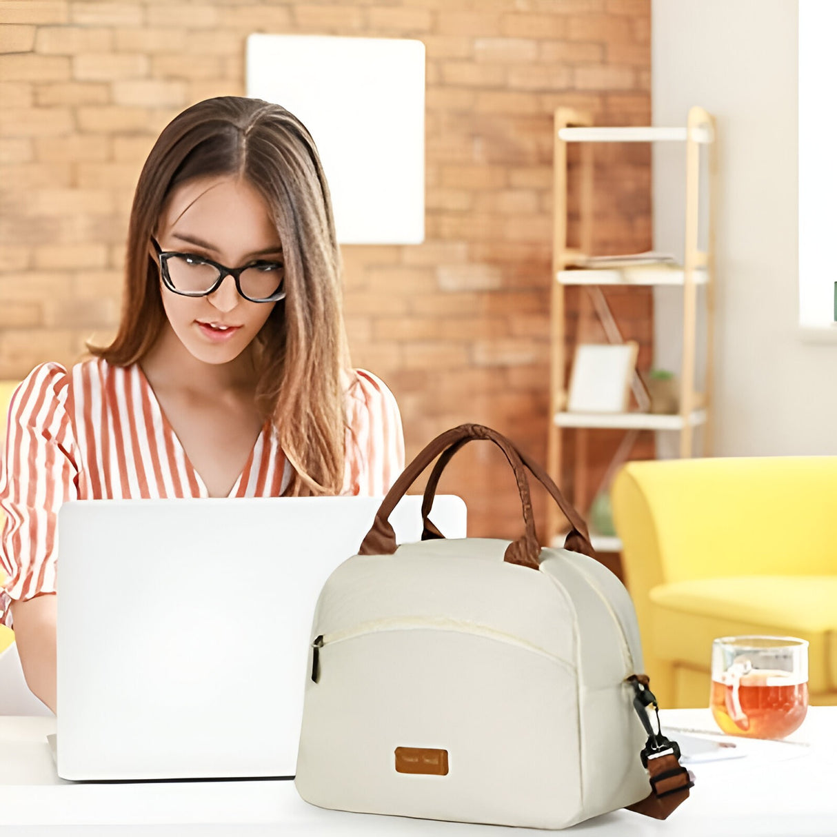 Geanta Termica pentru Pranz Vivimall, Multifunctionala, Compartimentata, Impermeabila, 2 Tipuri de Manere, 26x14.3x21.2 cm, Crem - vivimall.ro