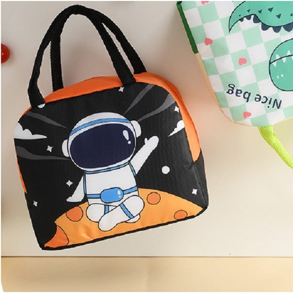 Geanta Termoizolanta Pentru Copii, 23X13X19 Cm, Model Imprimeu Astronaut, Din Folie De Aluminiu Si Panza Oxford, Negru/Portocaliu - vivimall.ro