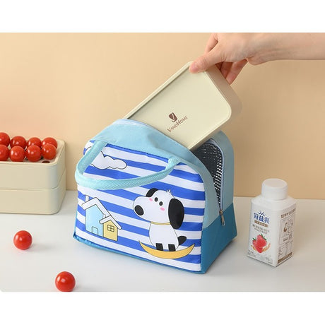 Geanta Termoizolanta Pentru Copii, 23X13X19 Cm, Model Imprimeu Catel, Din Folie De Aluminiu Si Panza Oxford, Albastru/Alb - vivimall.ro