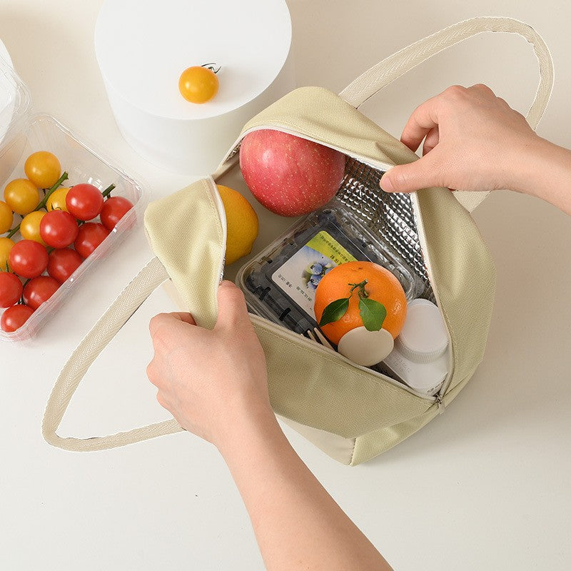 Geanta Termoizolanta pentru Copii, Vivimall, 23x13x19 cm, Model Imprimeu Vacuta, din Folie de Aluminiu si Panza Oxford, Bej - vivimall.ro